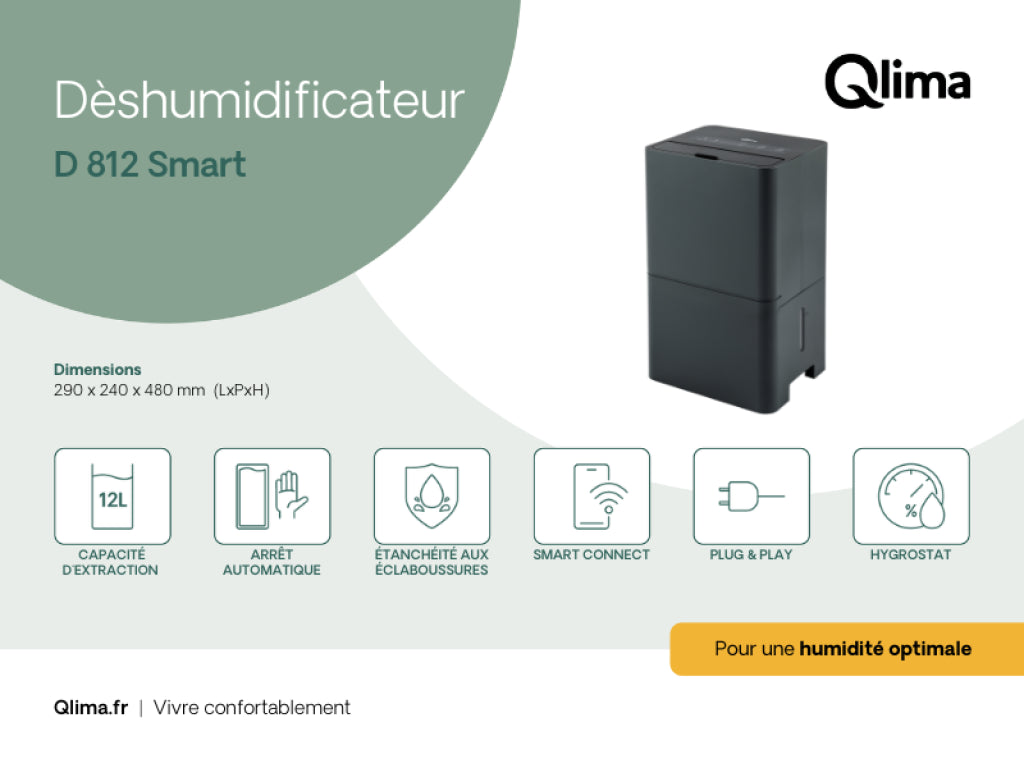 Deumidificatore Smart 12 L/24h Wi-Fi Serbatoio 2 L IPX4 Qlima D 812 SMART