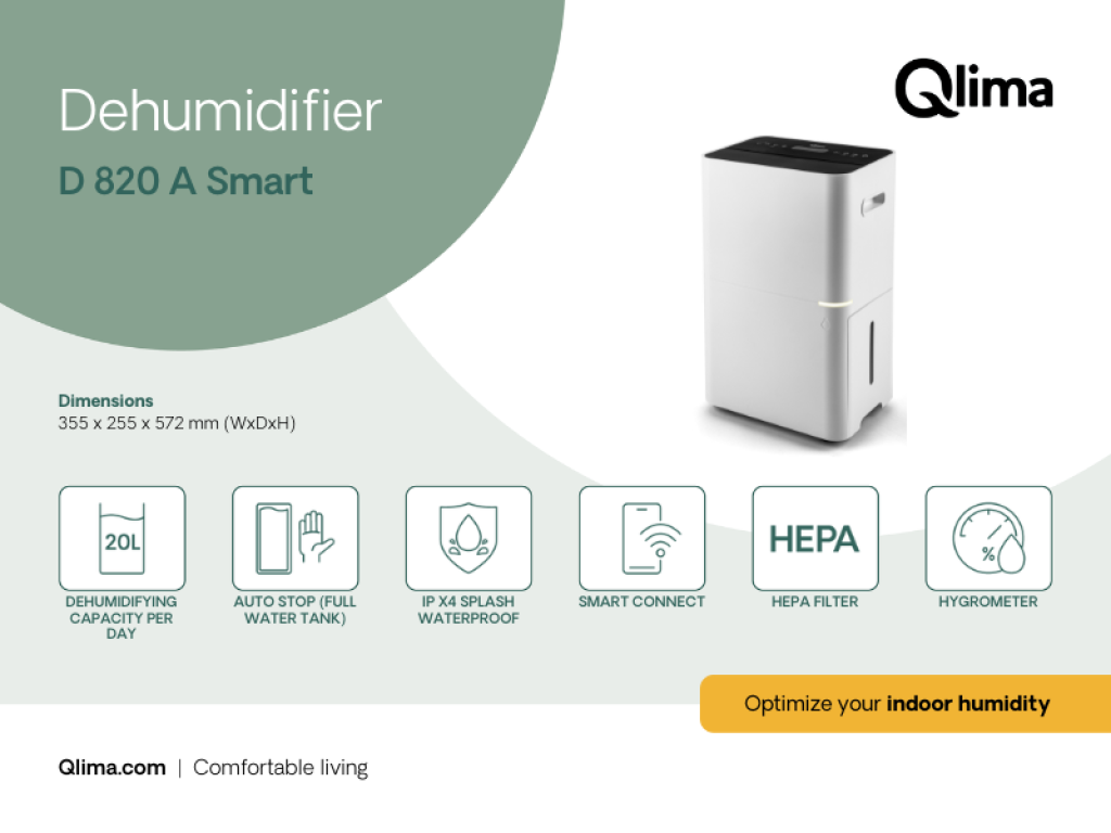 Deumidificatore Wi-Fi 20 L/24h con Filtro HEPA e Serbatoio 3,8 L Qlima D 820 A SMART