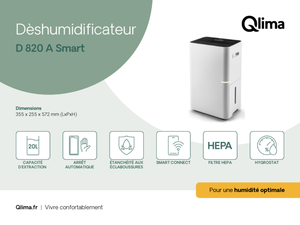 Deumidificatore Wi-Fi 20 L/24h con Filtro HEPA e Serbatoio 3,8 L Qlima D 820 A SMART