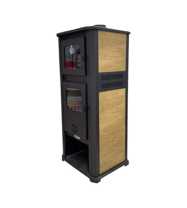 Stufa a Legna ROMA con Forno e Portalegna Potenza 12 kW Colore Beige, Rivestimento in Ceramica, H.117 cm | BLIST
