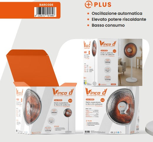 Stufa Elettrica a Parabola a Piantana Oscillante in Fibra di Carbonio 1000W Diametro 40 cm Altezza 120 cm | VINCO