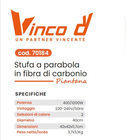 Stufa Elettrica a Parabola a Piantana Oscillante in Fibra di Carbonio 1000W Diametro 40 cm Altezza 120 cm | VINCO