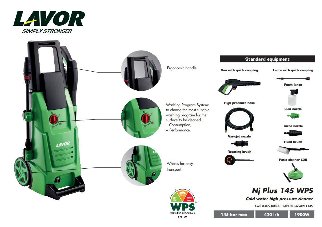 Idropulitrice ad alta pressione Lavor NJ Plus 145 WPS con sistema di controllo potenza