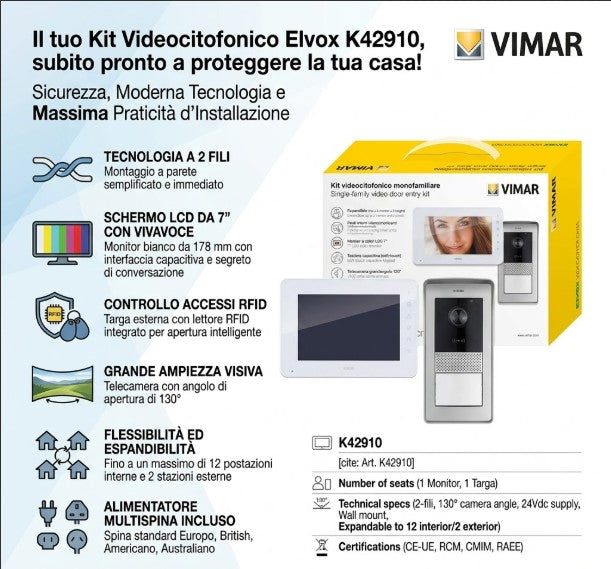 Kit videocitofono monofamiliare Elvox Vimar K42910 con schermo 7 pollici e lettore RFID