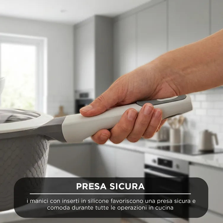 Batteria Pentole 10 Pezzi Kasanova Luna, Set Cottura Antiaderente Induzione con Coperchi in Vetro e Manici in Silicone | Kasanova