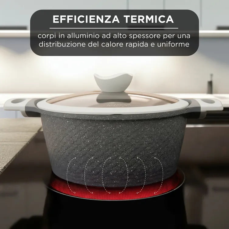 Batteria Pentole 10 Pezzi Kasanova Luna, Set Cottura Antiaderente Induzione con Coperchi in Vetro e Manici in Silicone | Kasanova