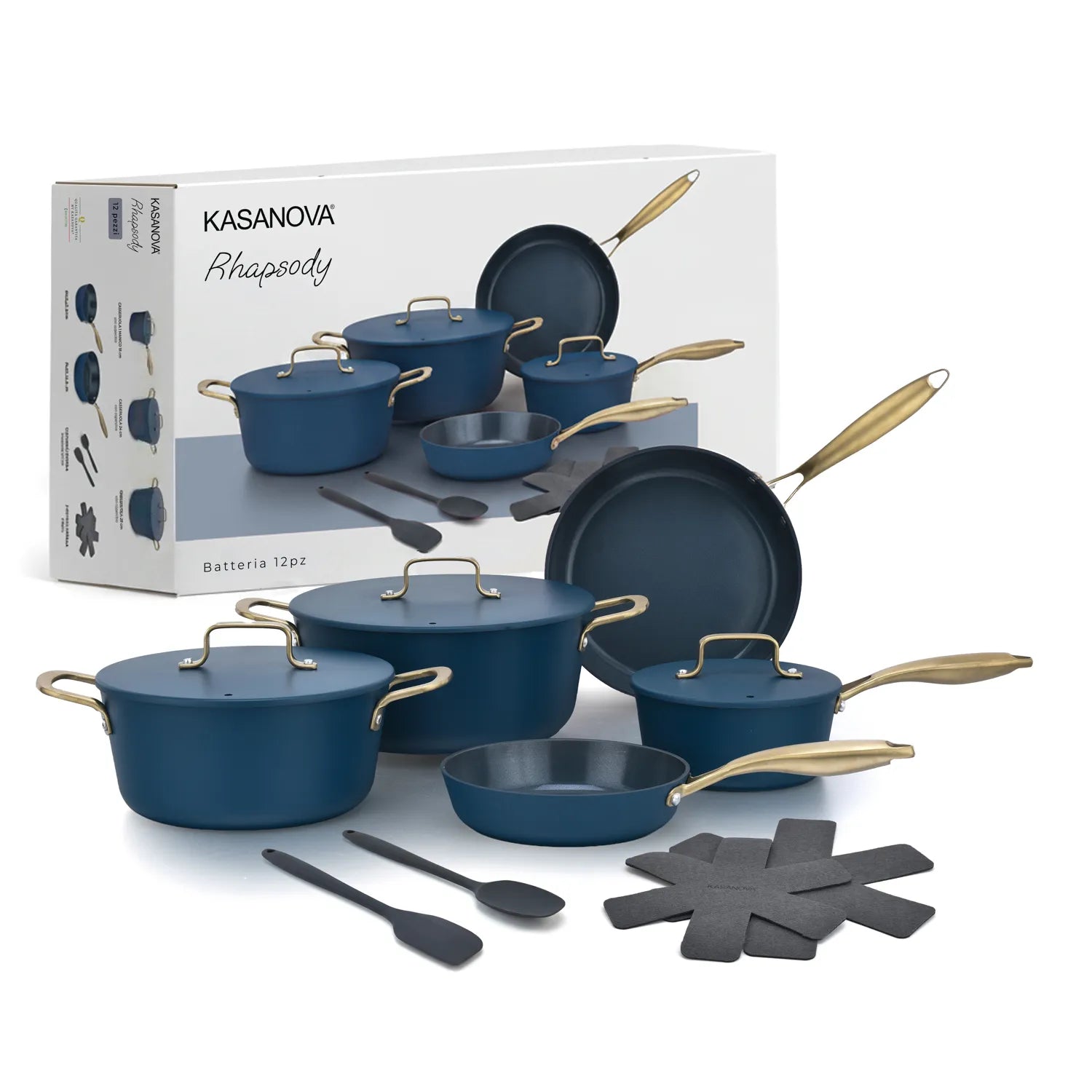 Batteria di pentole e padelle 12 pezzi antiaderente ceramica Rhapsody blu induzione Kasanova