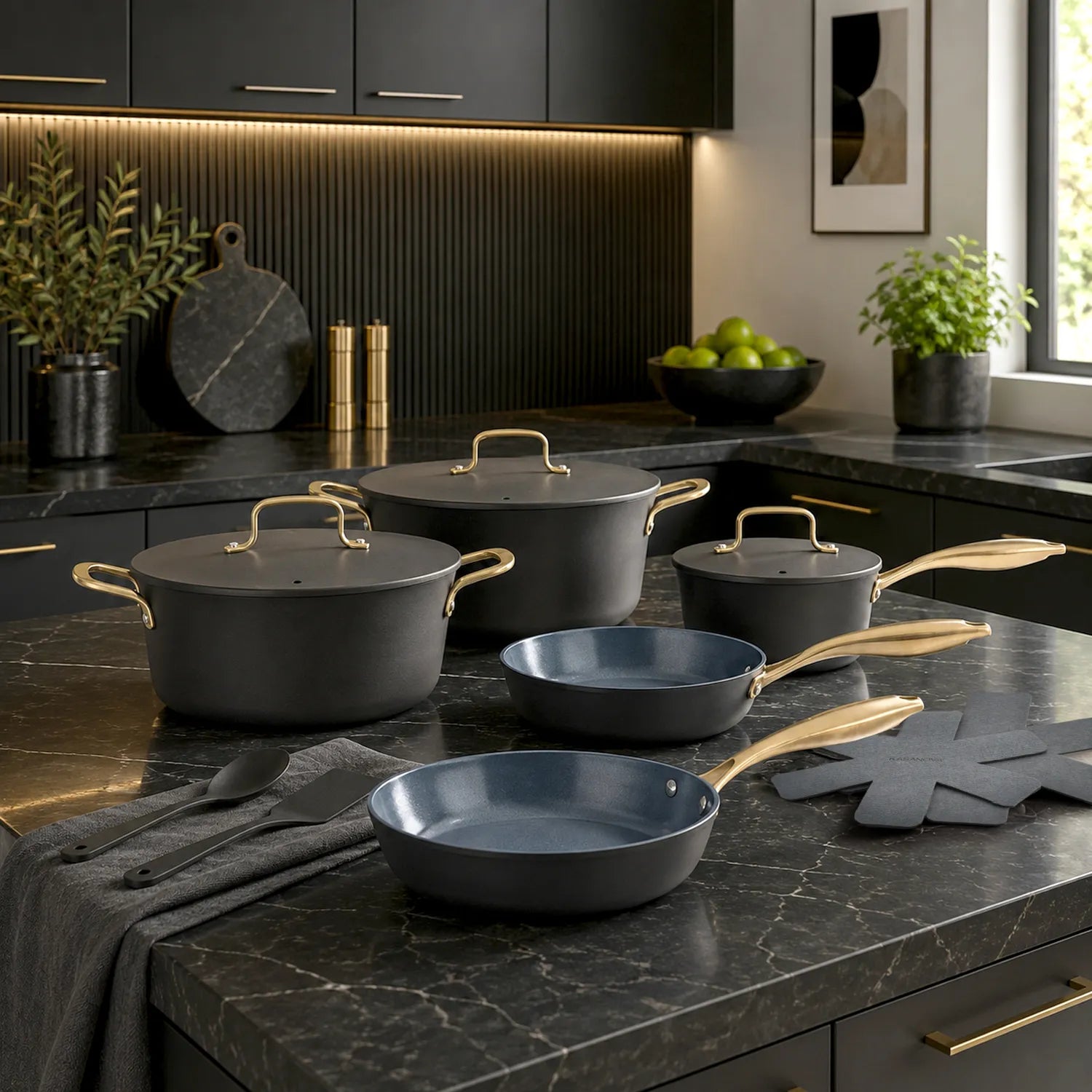 Batteria di pentole e padelle 12 pezzi antiaderente ceramica Rhapsody nera induzione Kasanova