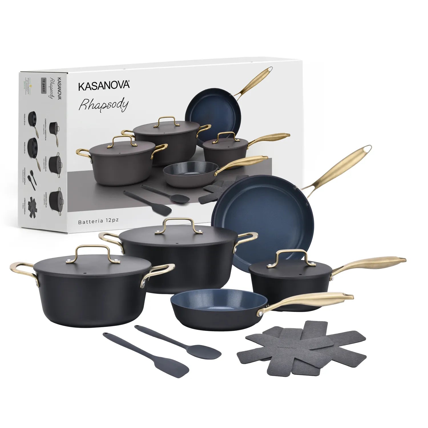 Batteria di pentole e padelle 12 pezzi antiaderente ceramica Rhapsody nera induzione Kasanova