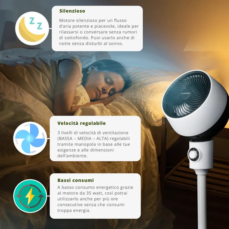 Ventilatore a piantana silenzioso Kasanova 3 velocità bianco 35W testa orientabile 180 gradi