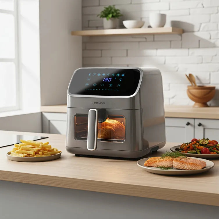 Friggitrice ad Aria Digitale Kasanova 8 Litri 1800W con Finestra in Vetro, 8 Programmi di Cottura, Display Touch, Timer 60 min e Temperatura 200°C, Rivestimento in Ceramica, Grigio (43x31x26,5 cm) | Kasanova