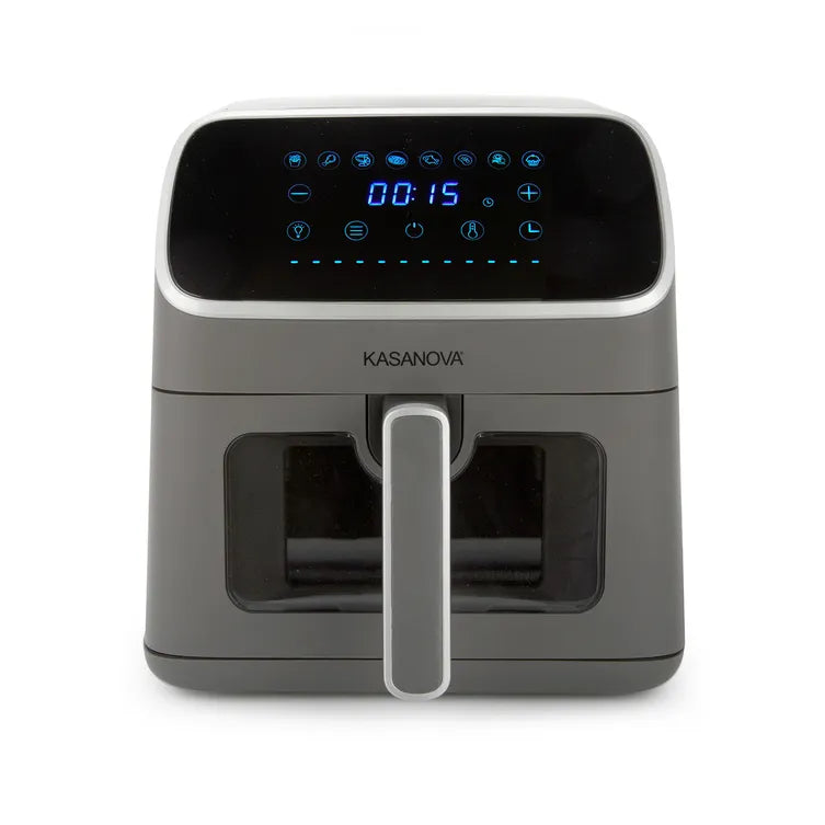 Friggitrice ad Aria Digitale Kasanova 8 Litri 1800W con Finestra in Vetro, 8 Programmi di Cottura, Display Touch, Timer 60 min e Temperatura 200°C, Rivestimento in Ceramica, Grigio (43x31x26,5 cm) | Kasanova
