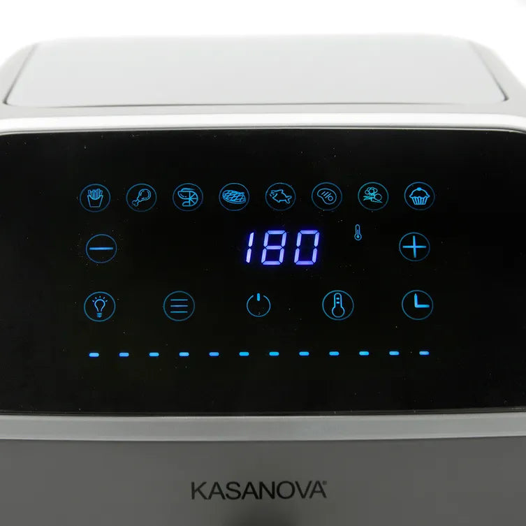Friggitrice ad Aria Digitale Kasanova 8 Litri 1800W con Finestra in Vetro, 8 Programmi di Cottura, Display Touch, Timer 60 min e Temperatura 200°C, Rivestimento in Ceramica, Grigio (43x31x26,5 cm) | Kasanova