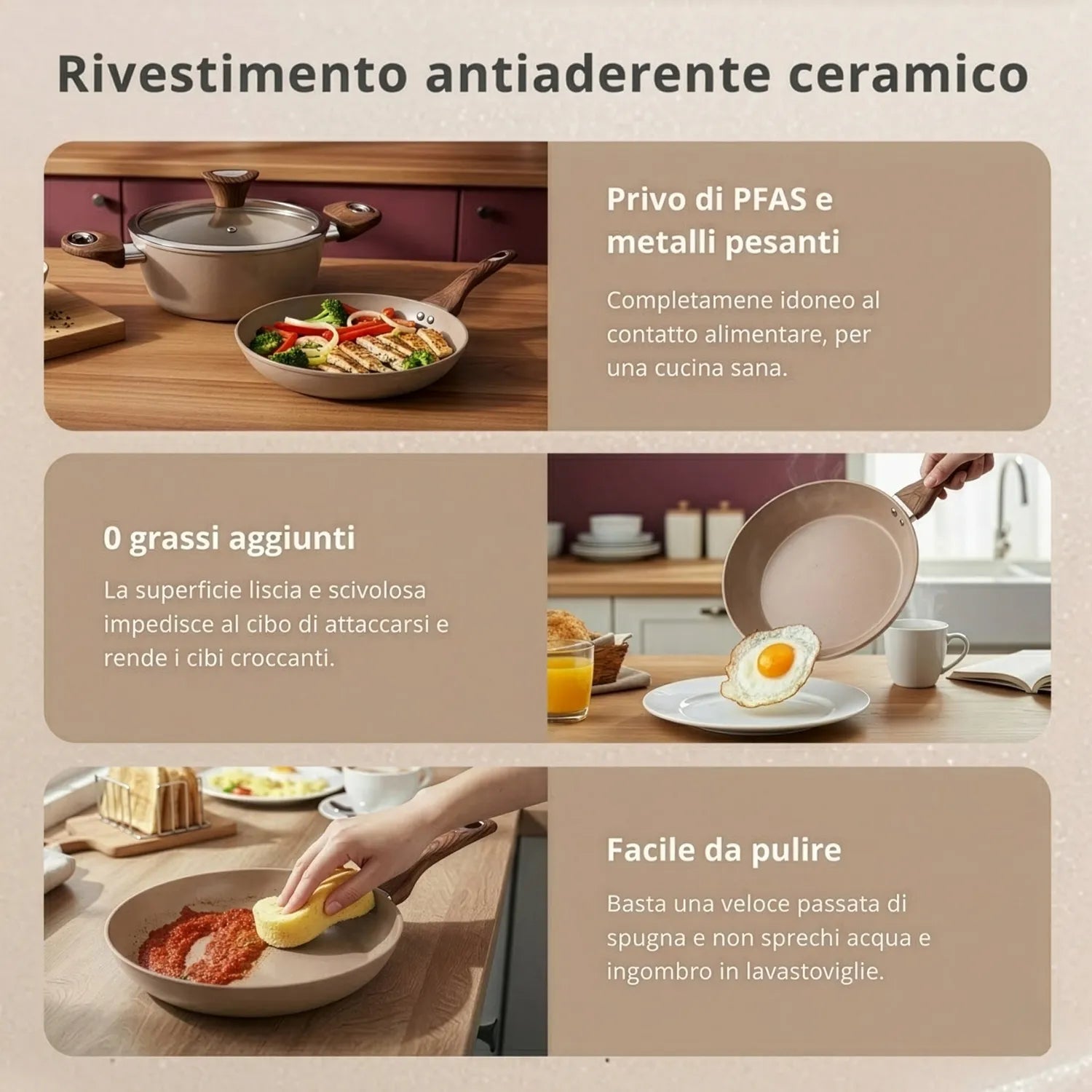 Padella 26 cm antiaderente in ceramica taupe linea new ceramic Kasanova