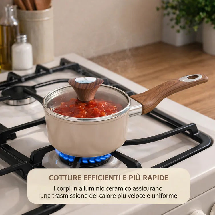 Casseruola 1 manico 16 cm con coperchio in ceramica taupe new ceramic Kasanova