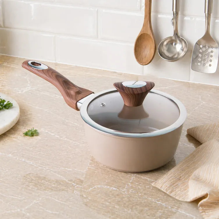 Casseruola 1 manico 16 cm con coperchio in ceramica taupe new ceramic Kasanova