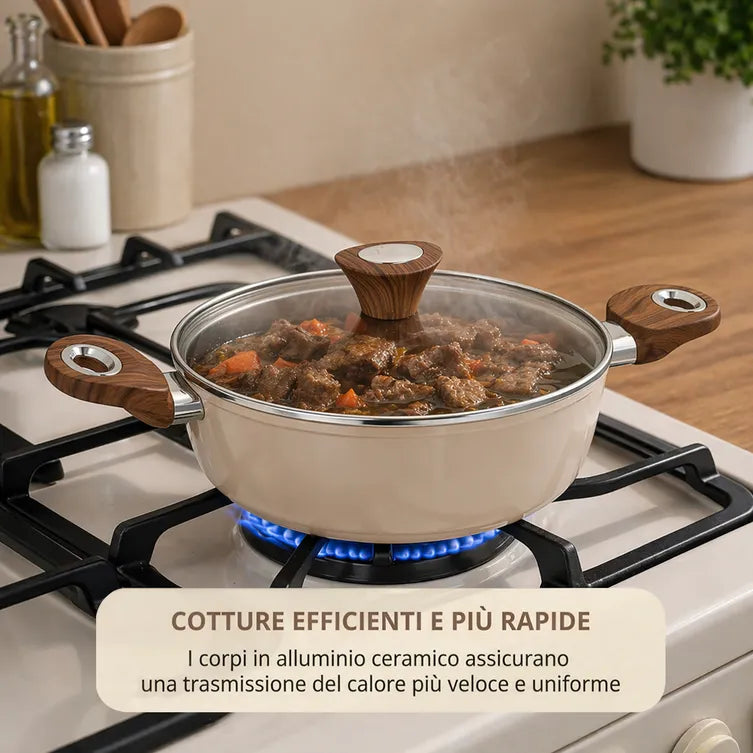 Tegame 24 cm con coperchio antiaderente in ceramica taupe new ceramic Kasanova