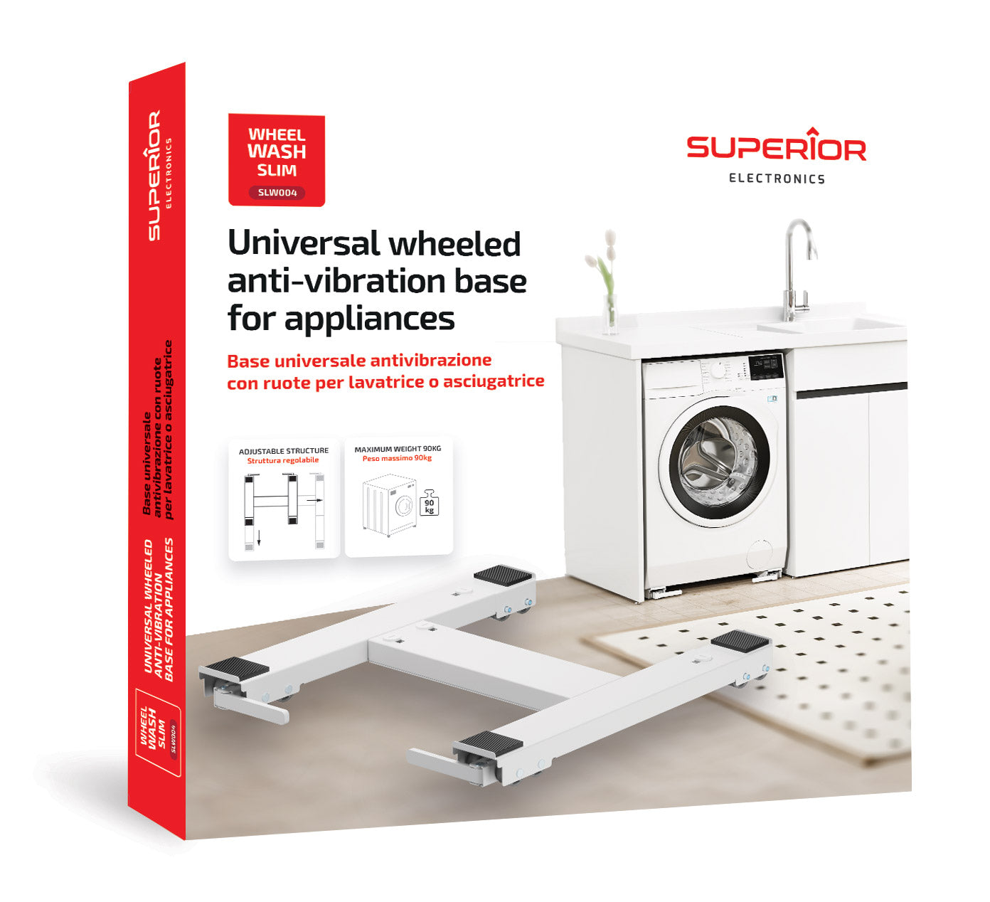 Base Universale con Ruote Superior Wheel Wash Slim per Lavatrice e Asciugatrice, Carrello Antivibrazione Regolabile in Acciaio | Superior