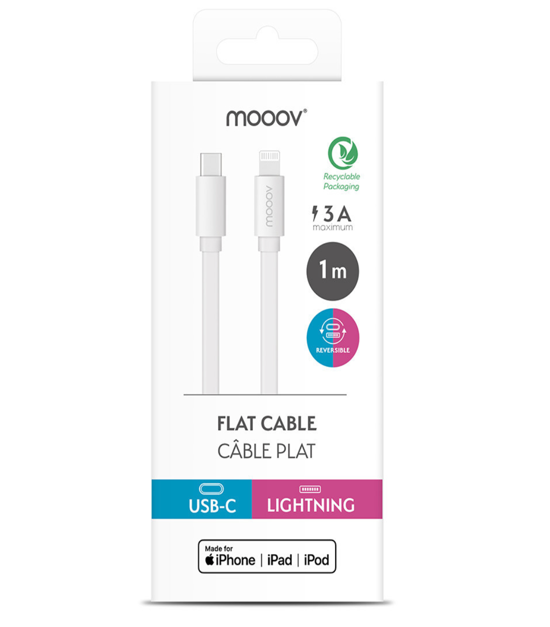 Cavo piatto Lightning certificato Apple MFi / USB-C 1 metro bianco Metronic
