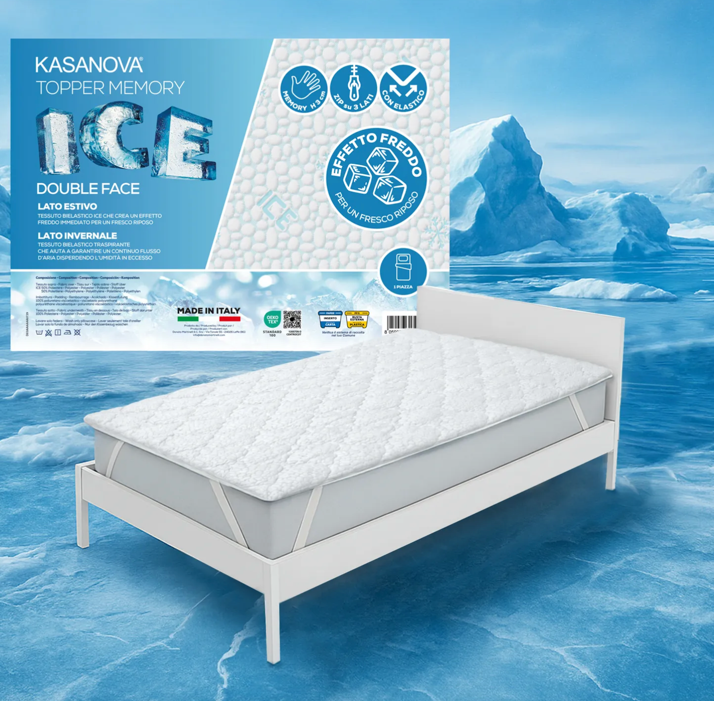 Topper singolo memory con effetto fresco Ice 80x190 cm Kasanova