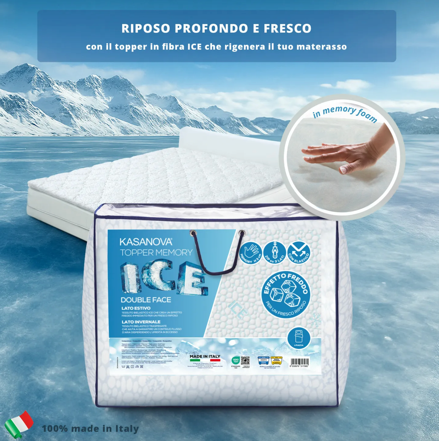 Topper singolo memory con effetto fresco Ice 80x190 cm Kasanova