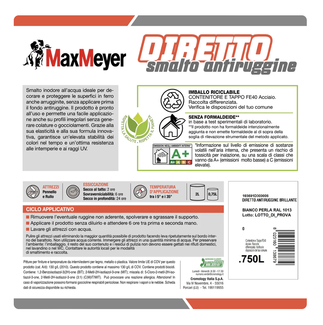 Smalto brillante per metallo e legno Diretto R1013 Bianco Perla 0,75L Max Meyer