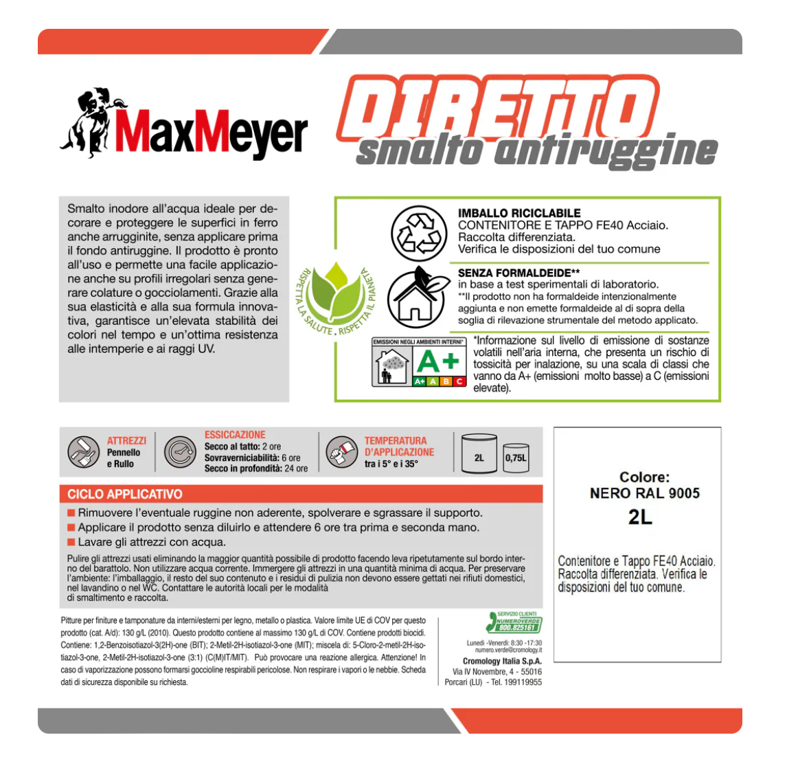 Smalto brillante per metallo e legno Diretto R9005 Nero 2L Max Meyer