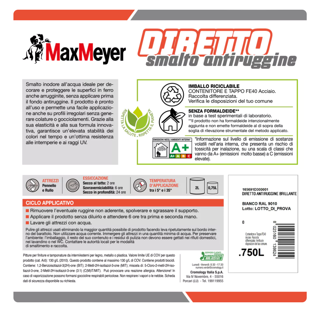 Smalto brillante per metallo e legno Diretto R9010 Bianco 0,75L Max Meyer