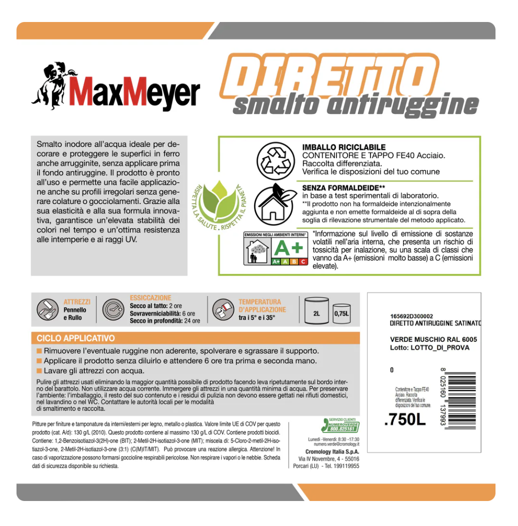 Smalto satinato per metallo e legno Diretto R6005 Verde Muschio 0,75L Max Meyer