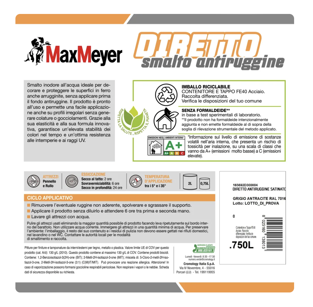 Smalto satinato per metallo e legno Diretto R7016 Grigio Antracite 0,75L Max Meyer