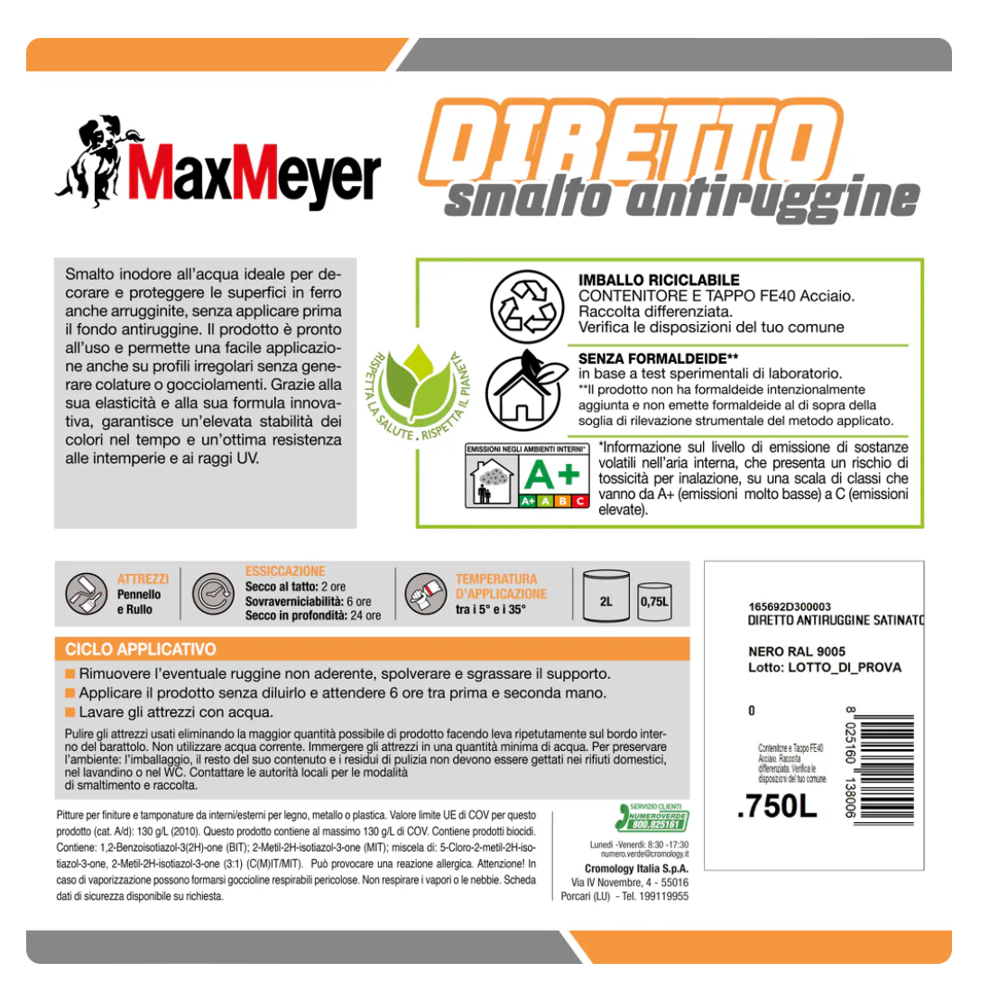 Smalto satinato per metallo e legno Diretto R9005 Nero 0,75L Max Meyer Valex