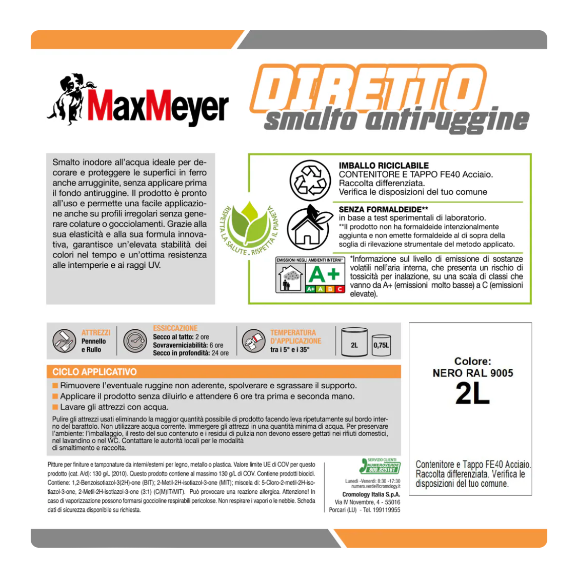Smalto satinato per metallo e legno Diretto R9005 Nero 2L Max Meyer Valex