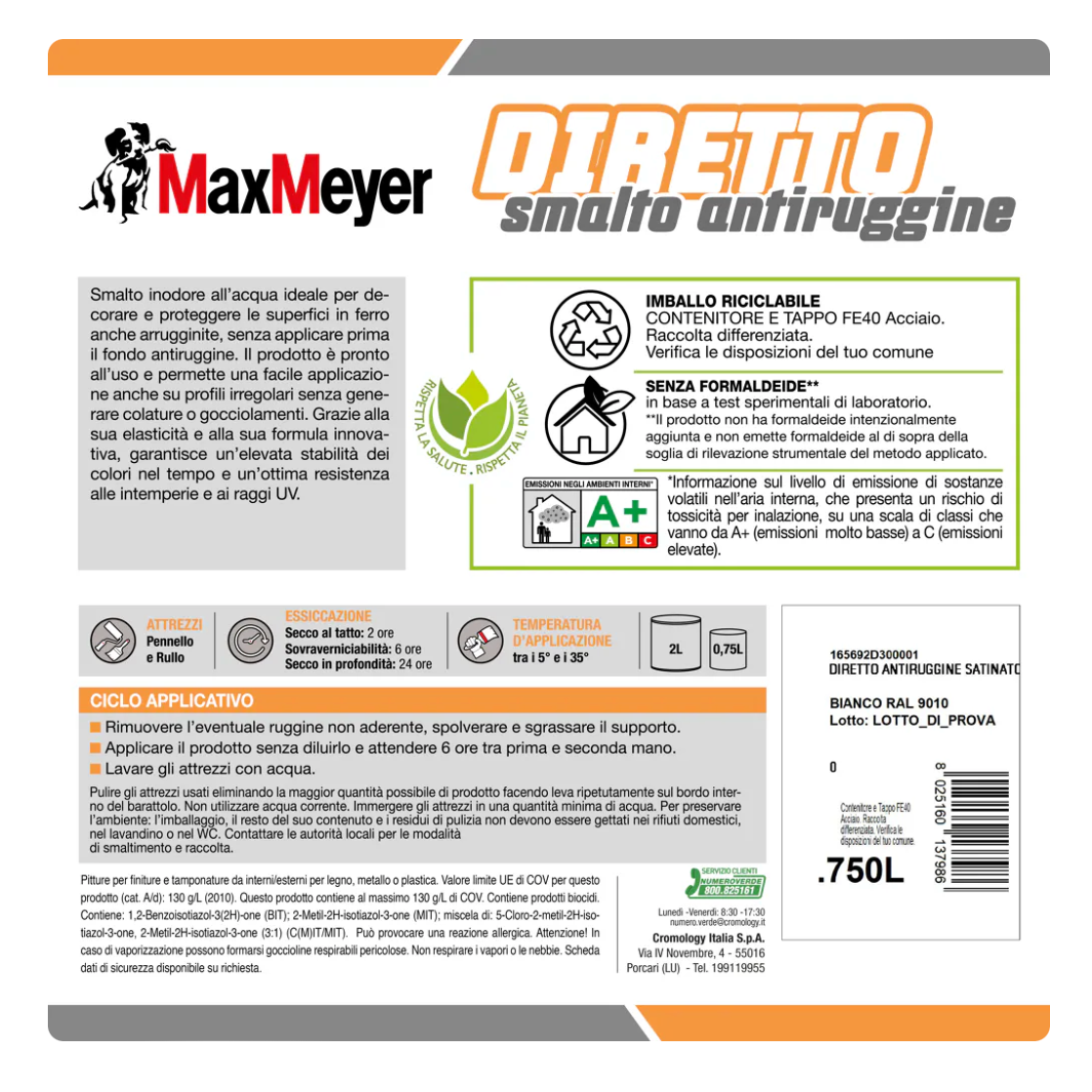 Smalto satinato per metallo e legno Diretto R9010 Bianco 0,75L Max Meyer