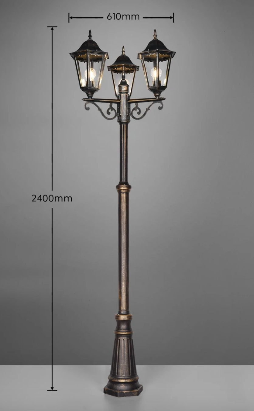 Palo da esterno Mella a 3 lanterne esagonali alluminio ruggine H240 cm E27 Trio Lighting