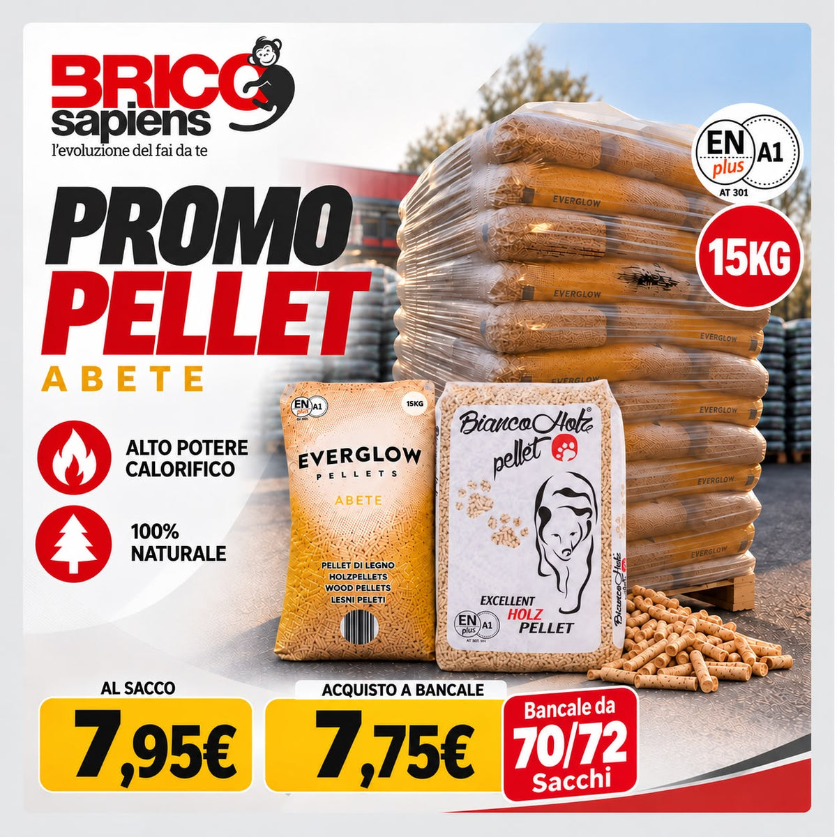 Bancale Pellet Everglow 72 Sacchi da 15 kg – 100% Legno di Abete Qualità A1 – 1080 kg