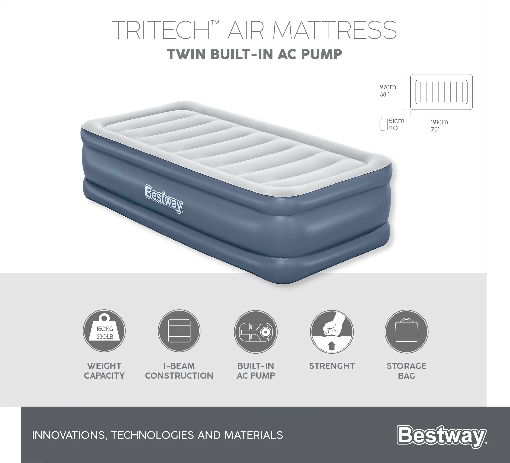 AIRBED TRITECH 191X97X51H C/POMPA ELETTRICA+ SACCA