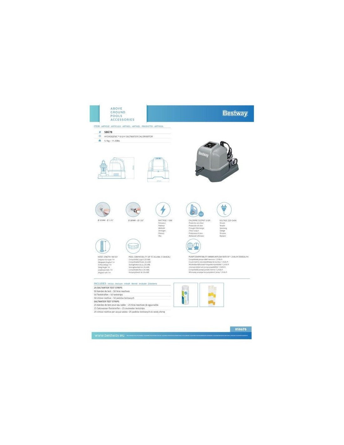 Clorinatore a Sale Bestway Flowclear per Piscine Fuori Terra, Sistema di Elettrolisi Salina | Bestway 58330
