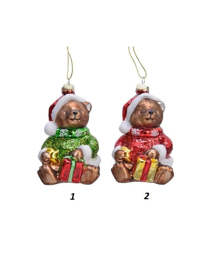 Decoro Orso con Regalo in Vetro Assortito H.12cm | Ornamenti da Appendere Kaemingk
