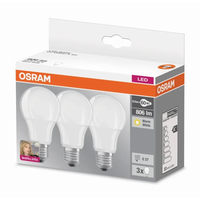 Lampadine LED E27 8.5W (60W) luce calda 3 pezzi Osram