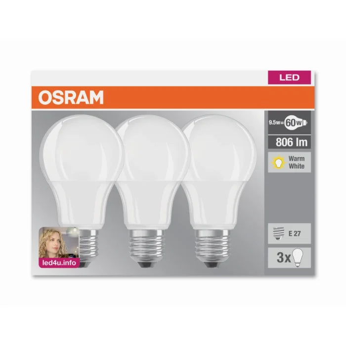 Lampadine LED E27 8.5W (60W) luce calda 3 pezzi Osram