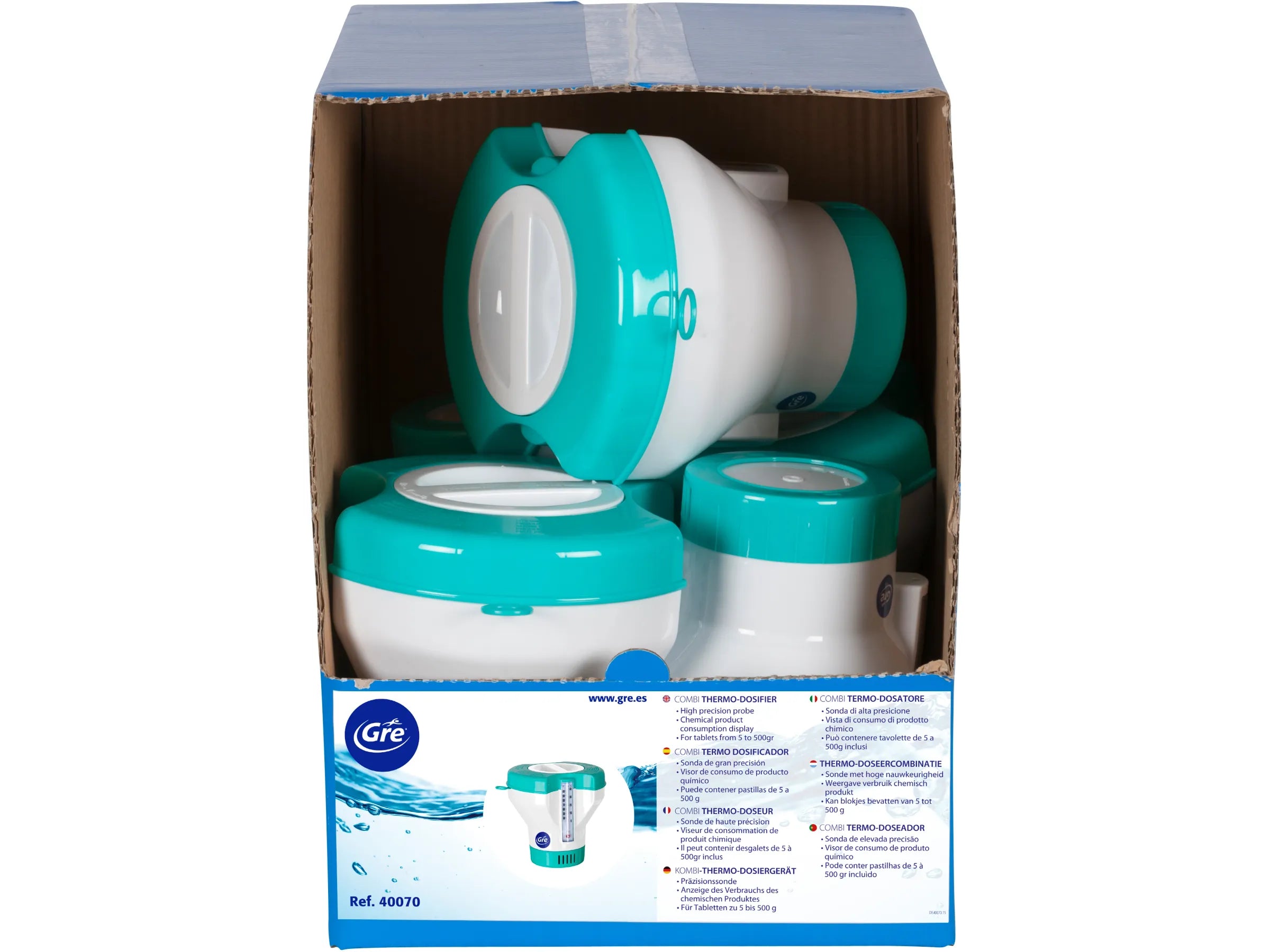 Dosatore galleggiante Combi per pastiglie cloro con termometro integrato capacità 1,5 kg per piscina Gre