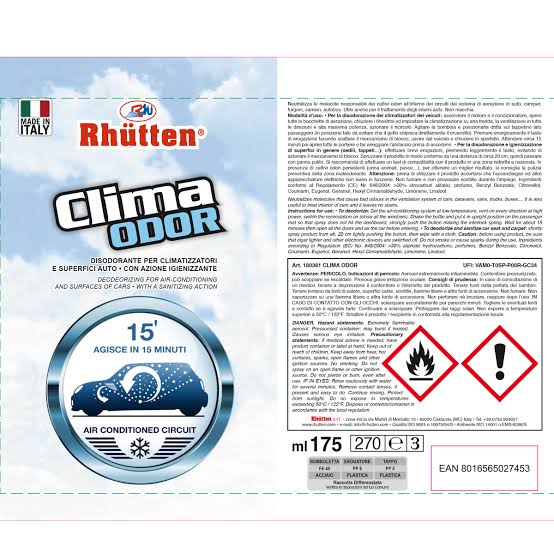 Rhütten Clima Odor Spray 175 ml Igienizzante Disodorante Climatizzatore Auto