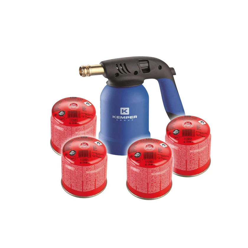 Kit Lampada per Saldare a Gas KE2019 con Accensione Piezo e 4 Cartucce Butano da 190 g | KEMPER