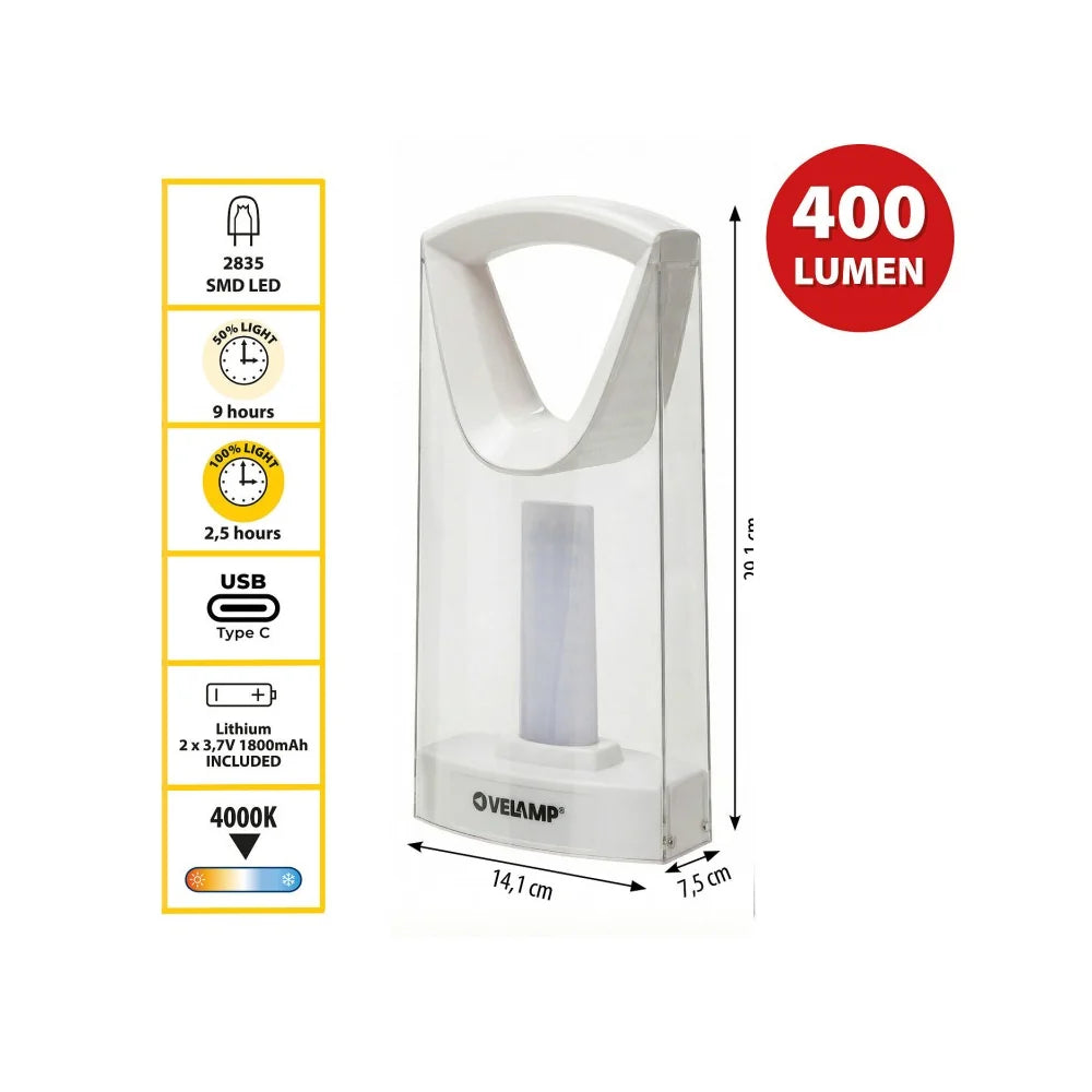 Lampada di Emergenza Ricaricabile 400 Lumen Anti-Blackout USB-C Velamp AQUA