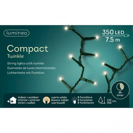 Luci di natale Catena Luminosa LED Compact 750cm (7,5 Metri) Colore Cavo Green (Verde) Luce Warm White (Bianco Caldo) con 8 Funzioni | Kaemingk