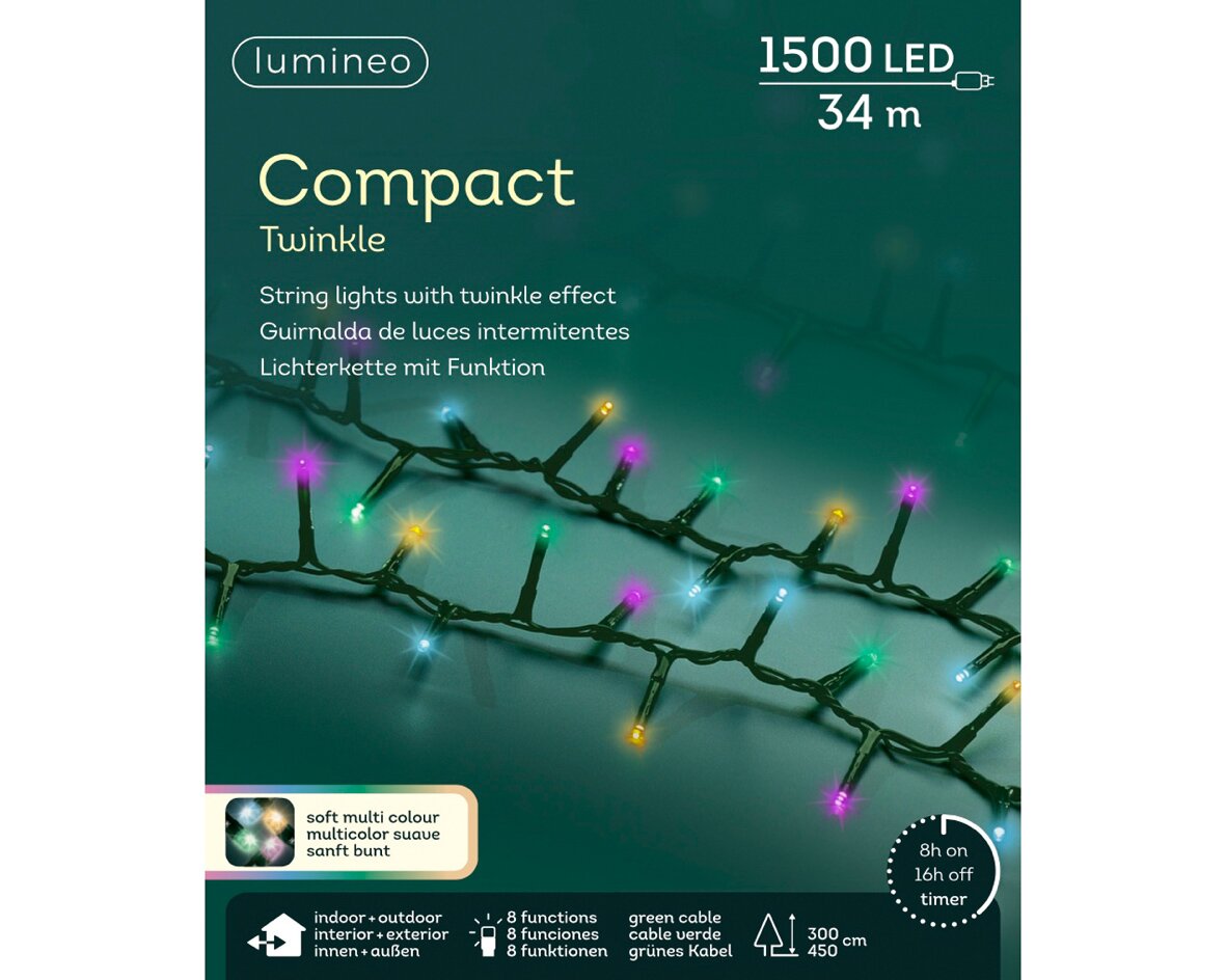 LED COMPACT 3400CM SOFT MULTI 8Catena di Luci di Natale LED Compact 34 Metri Luce Soft Multi (Multicolore Tenue) con 8 Giochi di Luce | Kaemingk FUNZ.
