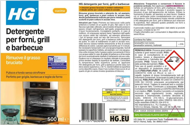 HG Detergente per Forni, Grill e Barbecue 500 ml +30% Gratis – Sgrassatore per Grasso Incrostato