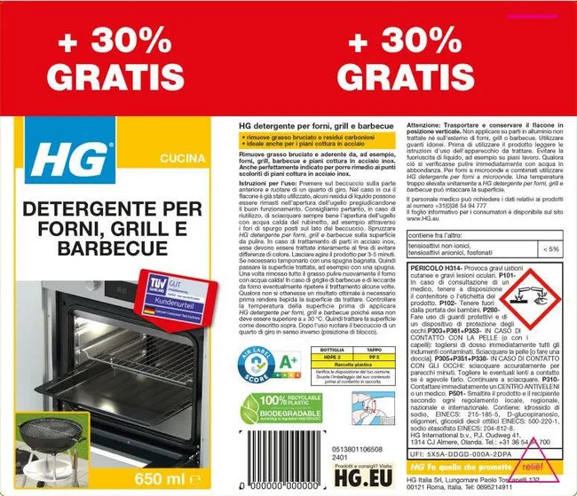 HG Detergente per Forni, Grill e Barbecue 500 ml +30% Gratis – Sgrassatore per Grasso Incrostato