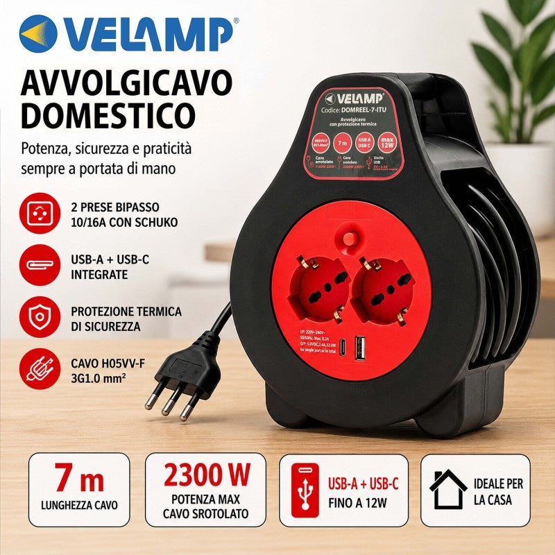 Avvolgicavo Elettrico 7 Metri con 2 Prese e 2 Porte USB Velamp DOMREEL-7-FRU
