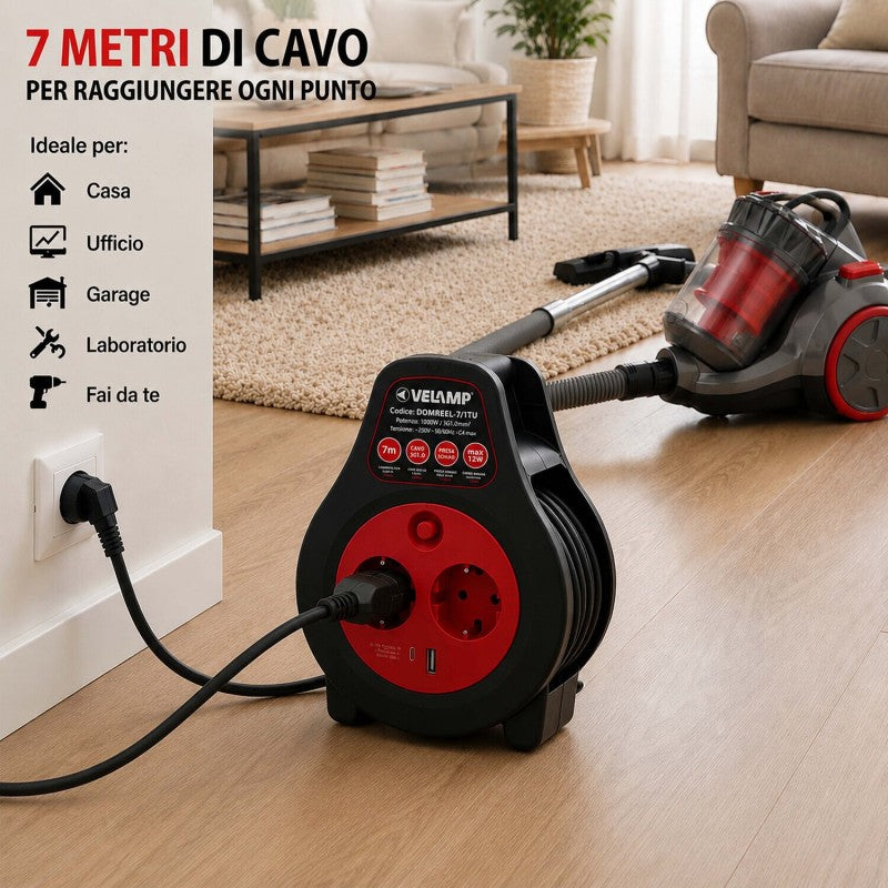 Avvolgicavo Elettrico 7 Metri con 2 Prese e 2 Porte USB Velamp DOMREEL-7-FRU